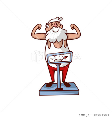Cheerful Santa Claus standing on scales and showing biceps. Old bearded man with happy face. Cartoon 46503504