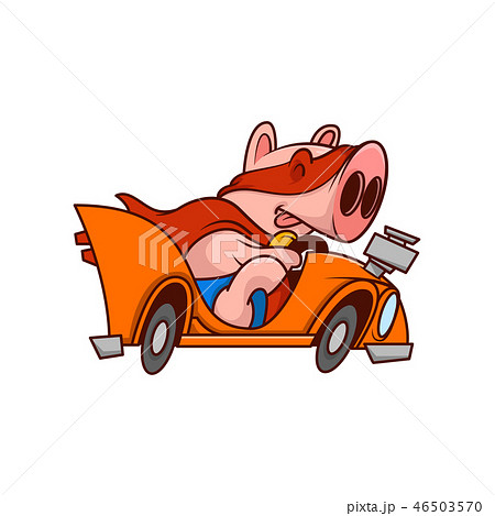 Funny pig superhero fast riding car, rushing to rescue. Animal in red mask and mantle. Cartoon 46503570