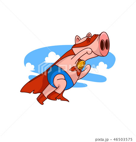 Pig superhero in flying action with paw up. Funny humanized animal in red cape and mask. Cartoon 46503575