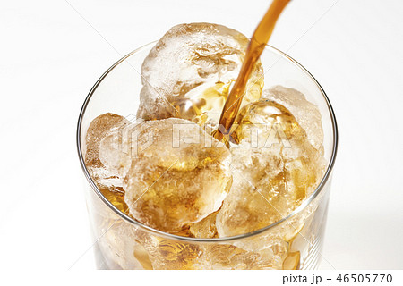 グラスにアイスコーヒーを注ぎ入れるの写真素材