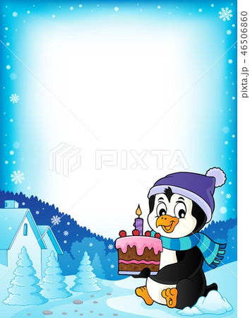 Penguin holding cake theme frame 1 46506860