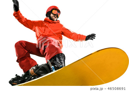 Portrait of young man in sportswear with snowboard isolated on a white background. 46508691