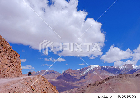Old german campervan on the road leading to Paso De Agua Negra pass, Region de Coquimbo, Chile to Old german campervan on the road leading to Paso De Agua Negra pass, Region de Coquimbo, Chile to 46509008