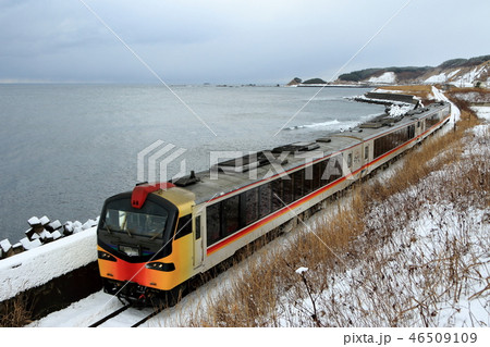 五能線・冬の海岸線を行く観光列車 46509109