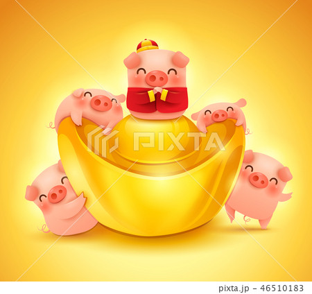 Five little pigs with chinese gold ingot 46510183