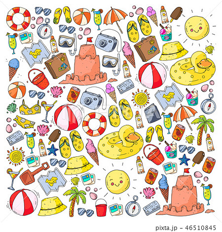 Beach and travel. Vector icons with summer vacation elements. Beach and travel. Vector icons with summer vacation elements. 46510845