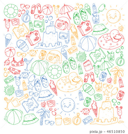 Beach and travel. Vector icons with summer vacation elements. Beach and travel. Vector icons with summer vacation elements. 46510850