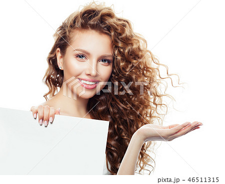 Cheerful woman with open hand Cheerful woman with open hand 46511315