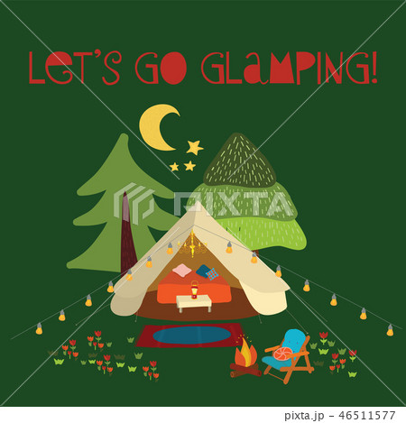 Vector illustration Lets go glamping - summer camping scene. Boho teepee tent. Camp night scene 46511577