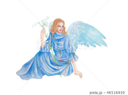 百合の花を持つ青い服を着た金髪の髪の天使ガブリエルのイラスト素材