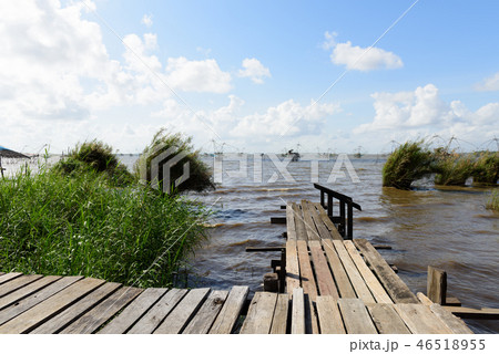 Wooden path into lake with blue sky white cloud Wooden path into lake with blue sky white cloud 46518955