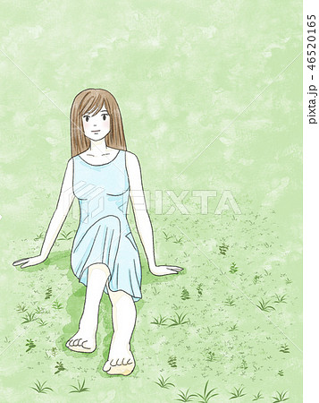 芝生に座る女性イラスト のイラスト素材