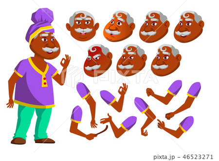 Indian Old Man Vector. Senior Person. Aged Hindu. Asian. Active, Expression. Face Emotions, Various 46523271