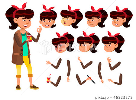 Asian Teen Girl Vector. Teenager. Pretty, Youth. Face Emotions, Various Gestures. Animation Creation 46523275