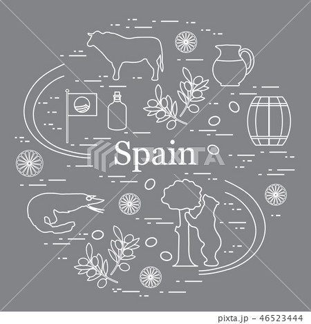 various symbols of Spain arranged in a circle 46523444