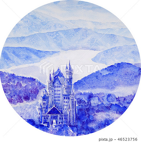 ノイシュバイシュタイン城 雪景色 手書きスケッチ ヨーロッパの古城のイラスト素材