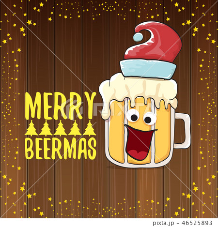 Merry beermas vector christmas greeting card with beer glass cartoon character and red santa hat Merry beermas vector christmas greeting card with beer glass cartoon character and red santa hat 46525893