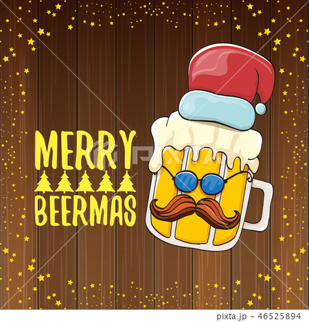 Merry beermas vector christmas greeting card with beer glass cartoon character and red santa hat 46525894