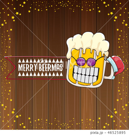 Merry beermas vector christmas greeting card with beer glass cartoon character and red santa hat Merry beermas vector christmas greeting card with beer glass cartoon character and red santa hat 46525895