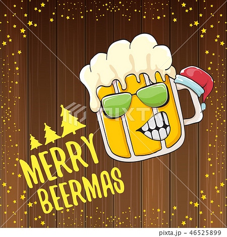 Merry beermas vector christmas greeting card with beer glass cartoon character and red santa hat 46525899