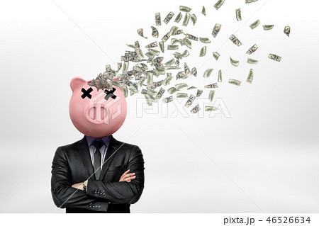 Businessman with piggy bank head and money dollars flying out of head on white background Businessman with piggy bank head and money dollars flying out of head on white background 46526634