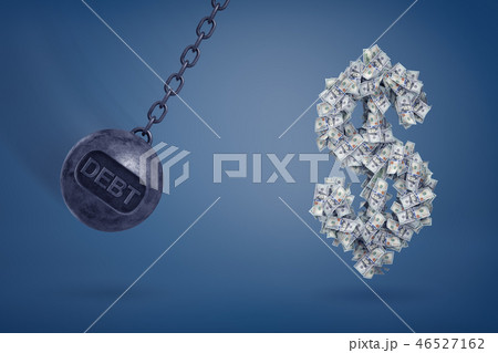 A large wrecking ball with a word Debt on hit which swings dangerously near a large dollar sing made A large wrecking ball with a word Debt on hit which swings dangerously near a large dollar sing made 46527162