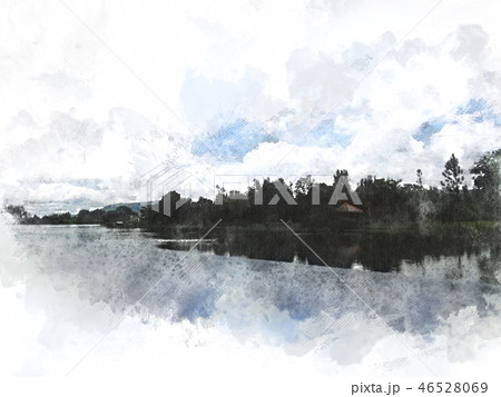 tree and field landscape on watercolor paint. 46528069