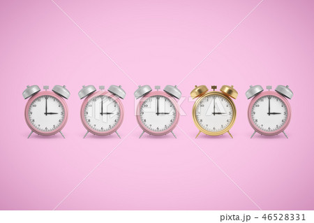 3d rendering of four pink and one golden alarm clocks on pink background 46528331