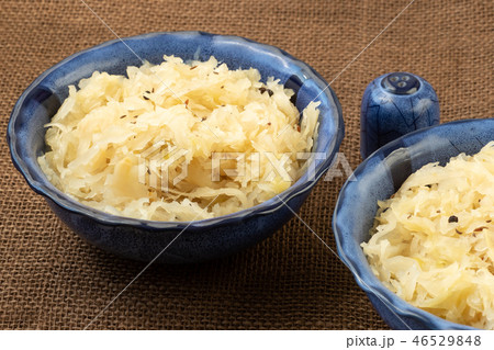 Sauerkraut in a blue bowl. Sauerkraut in a blue bowl. 46529848