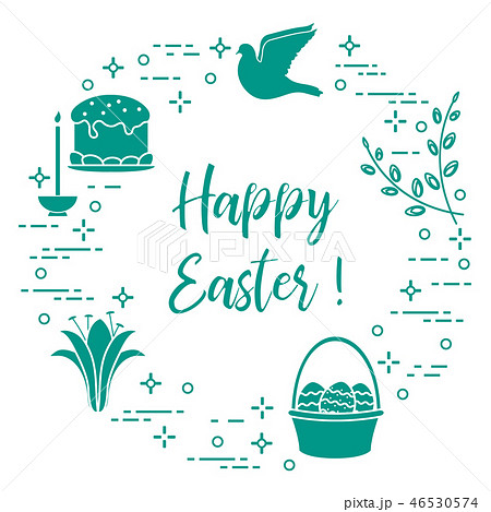 Easter cake, willow, lily,candle,dove,basket,eggs Easter cake, willow, lily,candle,dove,basket,eggs 46530574
