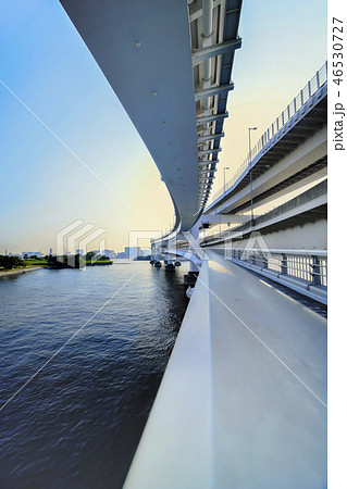 レインボーブリッジのプロムナードから見た台場公園の芝生広場と海浜公園の海揃いのビル群の風景写真。 46530727