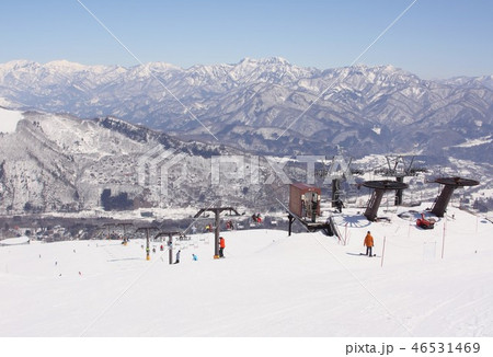 白銀の世界が遥かに続く、冬晴れの長野県白馬村のスキー場ゲレンデ 46531469