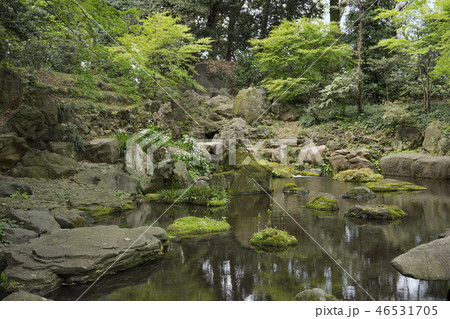 東京都文京区駒込にある六義園の滝見茶屋から見た紀川上の景色を再現した三尊石、枕流洞と水分石。 東京都文京区駒込にある六義園の滝見茶屋から見た紀川上の景色を再現した三尊石、枕流洞と水分石。 46531705