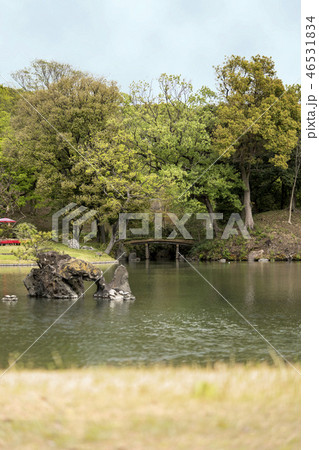 六義園の大泉水に立つ神仙島とも呼ばれる蓬莱島とその背景に吹上茶屋の京和傘と紀州の広場を結ぶ木製の橋。 六義園の大泉水に立つ神仙島とも呼ばれる蓬莱島とその背景に吹上茶屋の京和傘と紀州の広場を結ぶ木製の橋。 46531834