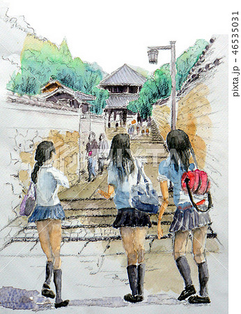 奈良 東大寺で修学旅行を楽しむ女子高生 グループ行動のイラスト素材