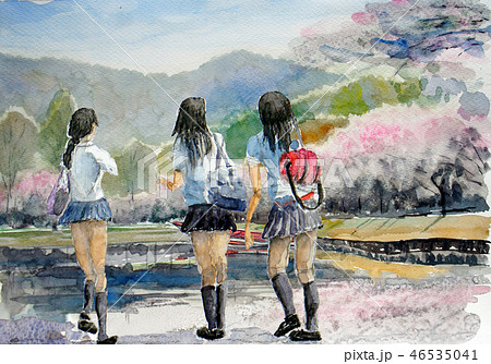 嵐山 女子高生 京都観光 修学旅行のイラスト素材