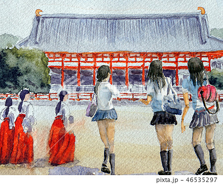 平安神宮 女子高生 京都観光 修学旅行のイラスト素材