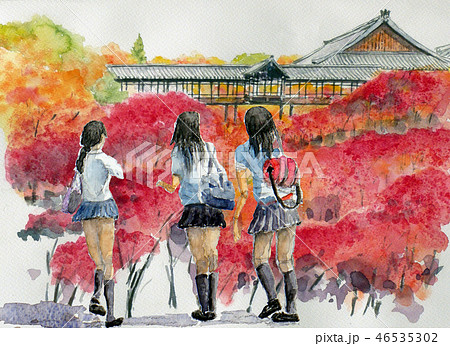 東福寺 女子高生 京都観光 修学旅行のイラスト素材