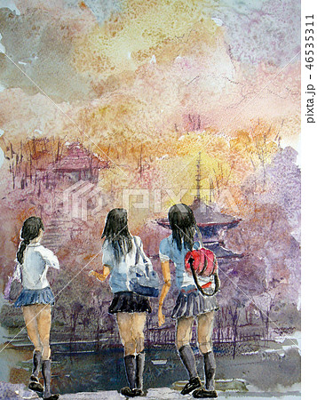 猿沢の池 女子高生 奈良観光 修学旅行のイラスト素材