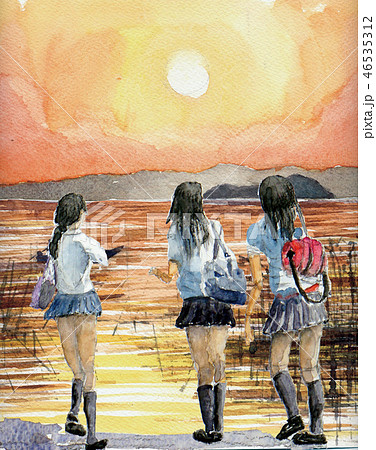 朝日 女子高生 修学旅行のイラスト素材