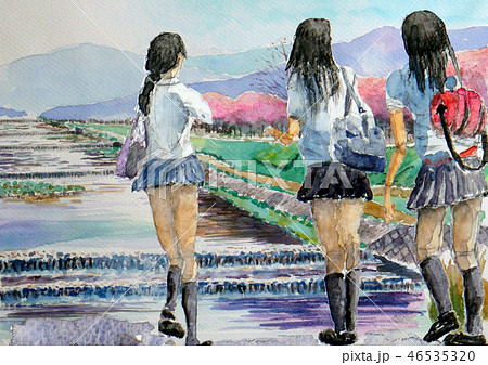 京都 鴨川で修学旅行を楽しむ子高生 グループ行動のイラスト素材