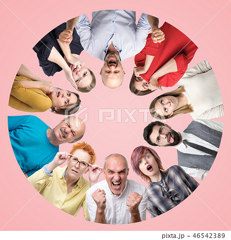 Circle collage of different men and women showing sad and negative emotions on pink background. Circle collage of different men and women showing sad and negative emotions on pink background. 46542389