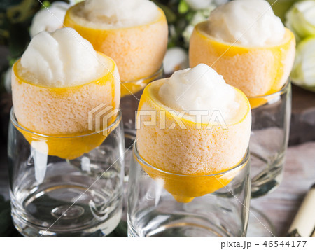Lemon sorbet ice cream served dessert 46544177