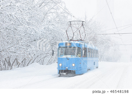 Icy tram during snowstorm in winter Moscow Icy tram during snowstorm in winter Moscow 46548198