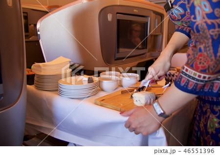 SINGAPORE, - JULY 22, 2016: delicious cheese selection in Business Class on an new Airbus A350 46551396