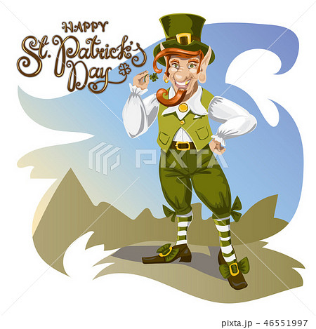 Happy Saint Patrick s Day. Character with green hat. Cartoon funny leprechaun with clover. Vector Happy Saint Patrick s Day. Character with green hat. Cartoon funny leprechaun with clover. Vector 46551997