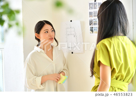 仕事　女性二人　クリエイティブなオフィス　打ち合わせ 46553823