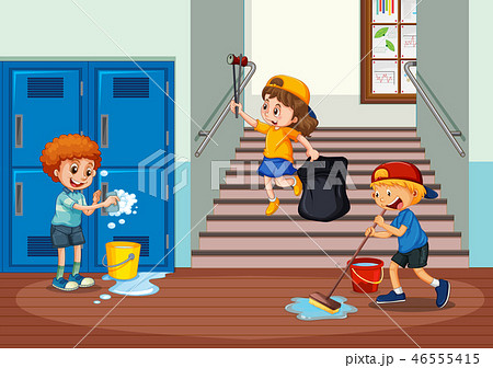 Volunteer Kids Cleaning School Hallwayのイラスト素材