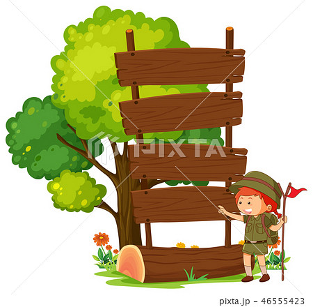 Camping boy with empty wooden sign post 46555423