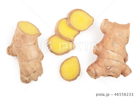 fresh Ginger root and slice isolated on white background. Top view. Flat lay fresh Ginger root and slice isolated on white background. Top view. Flat lay 46556233